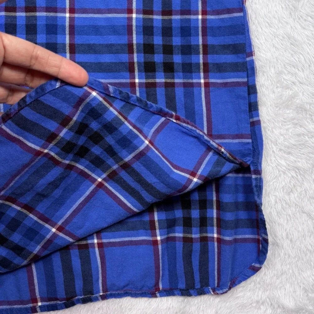 Old Navy Flannel Popover Shirt Womens M Blue Plaid Boyfriend Long Sleeve‎ 755008